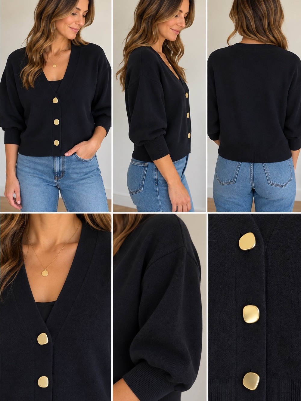 RW&CO. Black V-Neck Cardigan with Gold Buttons